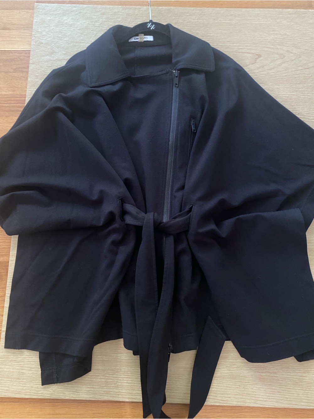 DKNYC Black Belted  Tie-Front Poncho Cape with Asymmetrical Front Zipper
